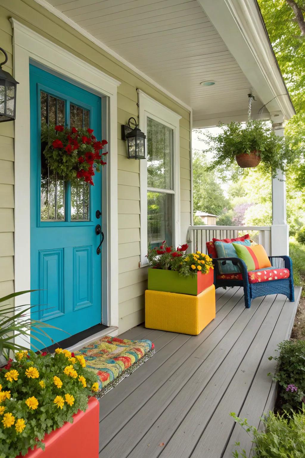 A dynamic front porch featuring a cheerful color scheme.