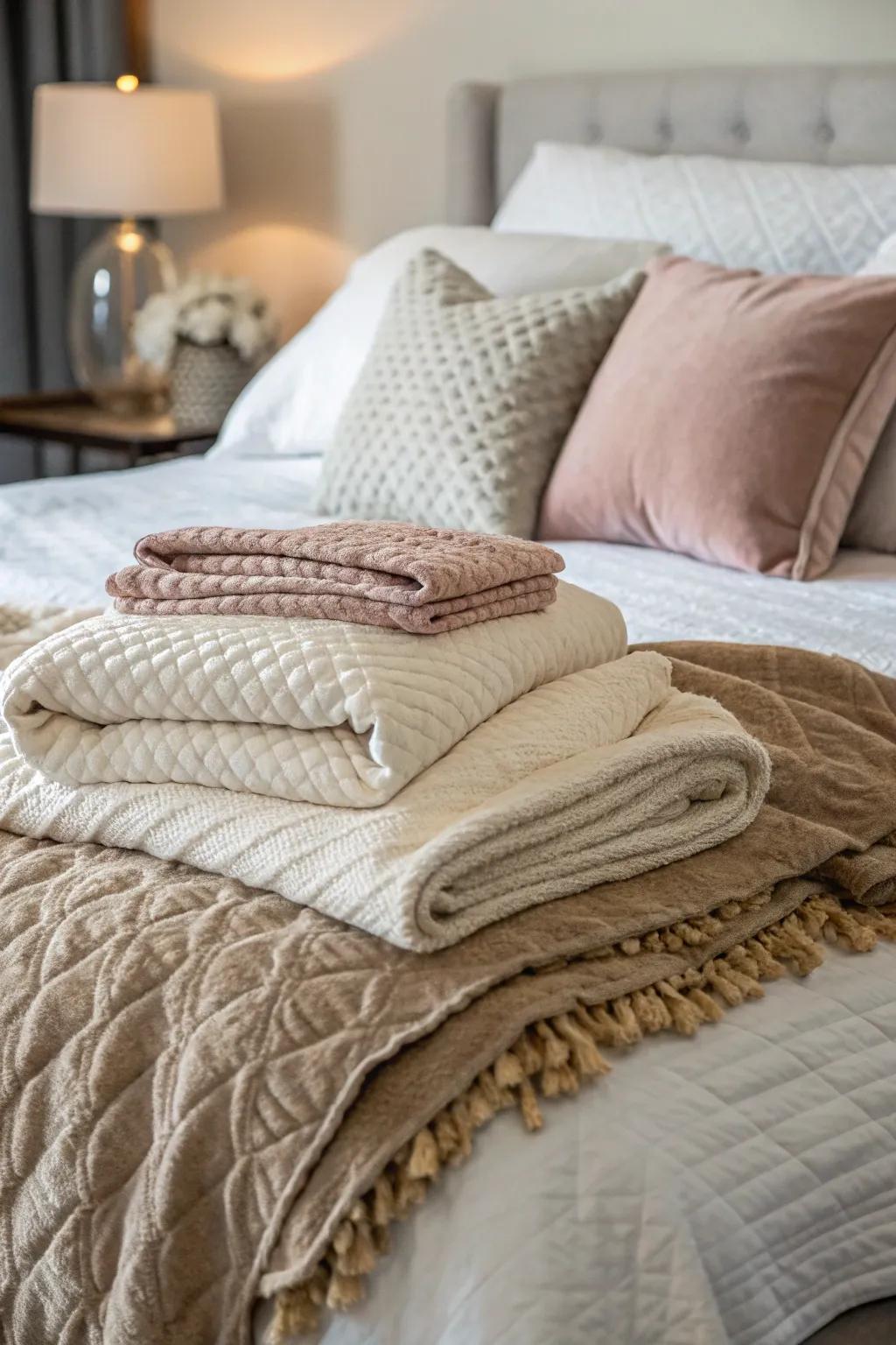 Layered bedding showcasing delicate textures engenders an inviting bed.