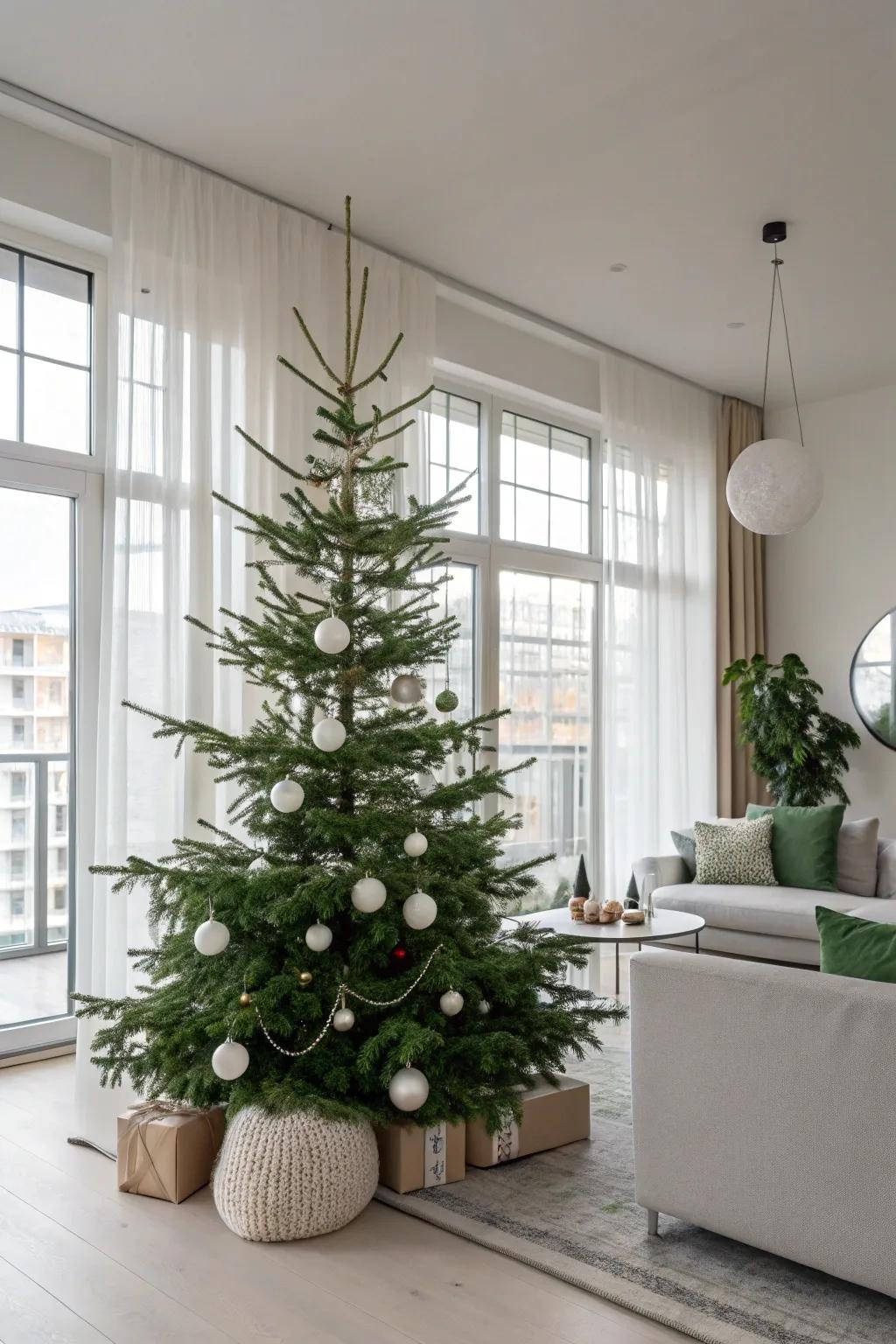 A simple Scandinavian Christmas tree featuring a minimalistic color palette.