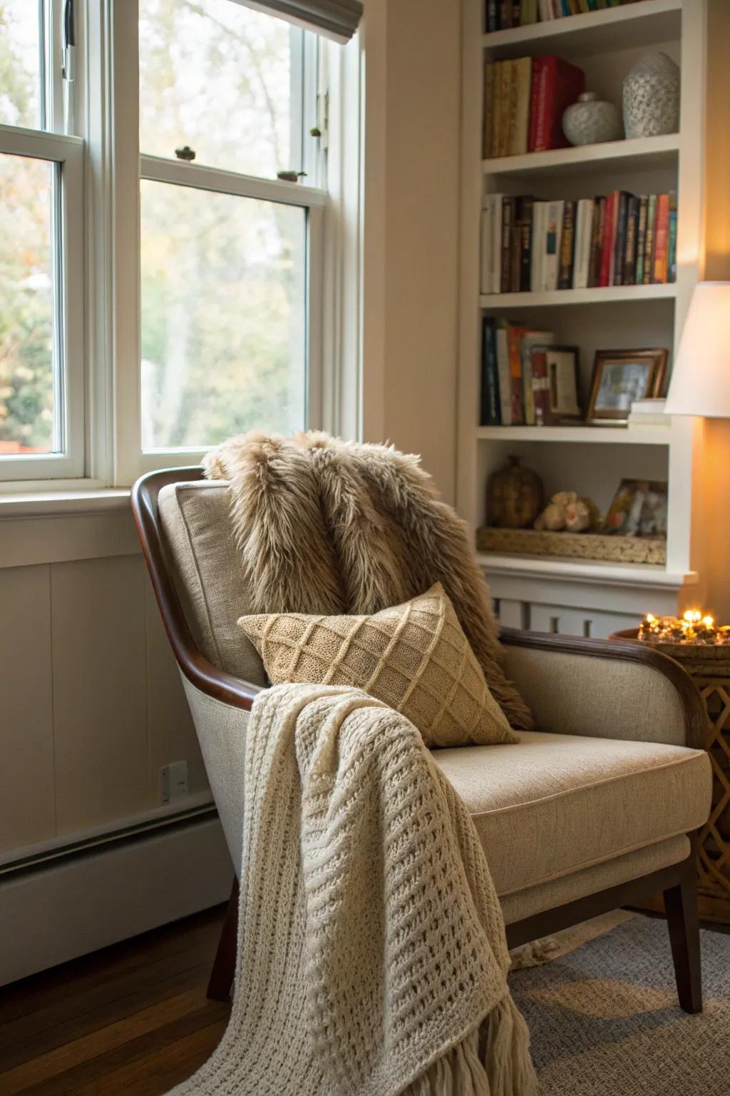 Textured throws and cushions create a snug winter atmosphere