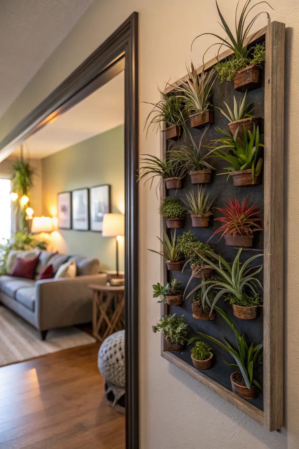 A vertical garden of air plants transforming a wall into living art.