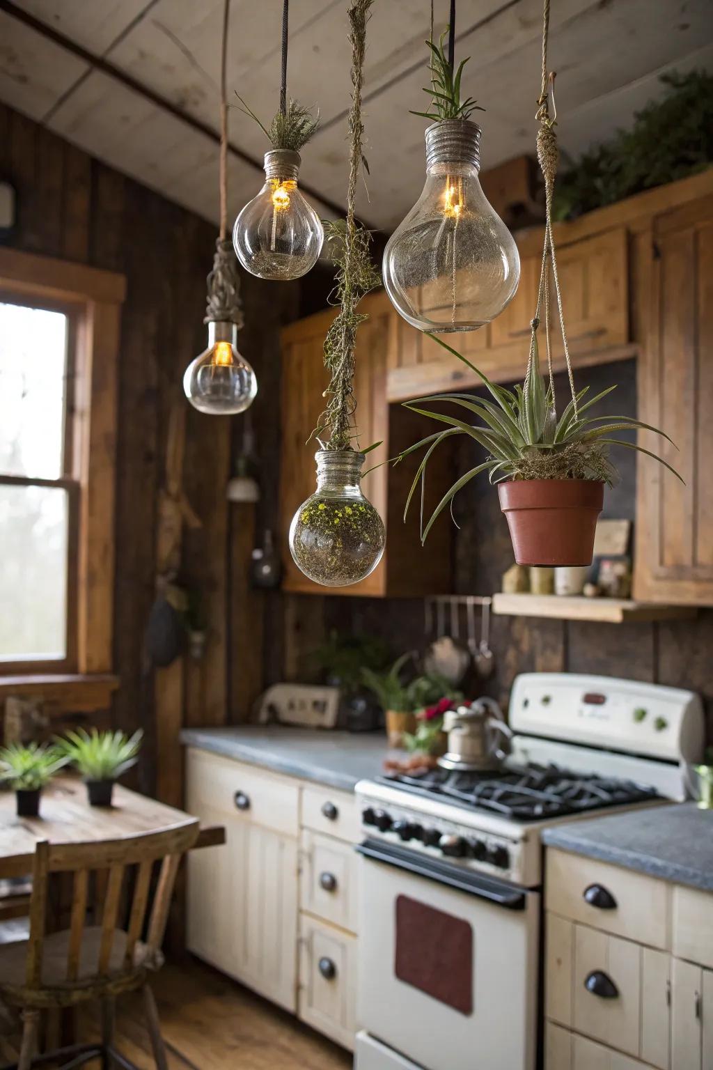 Air plants in recycled light bulb planters.