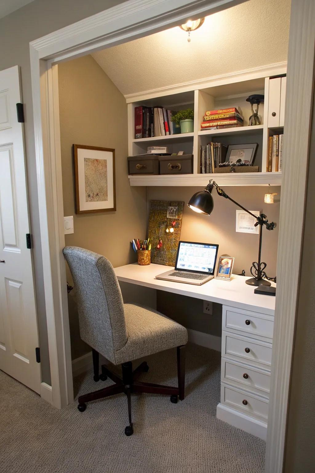 A functional home office tucked away neatly in an alcove.