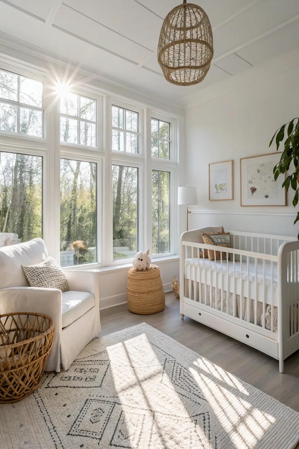 Sunlight fills a peaceful white nursery, enhancing its airy atmosphere.