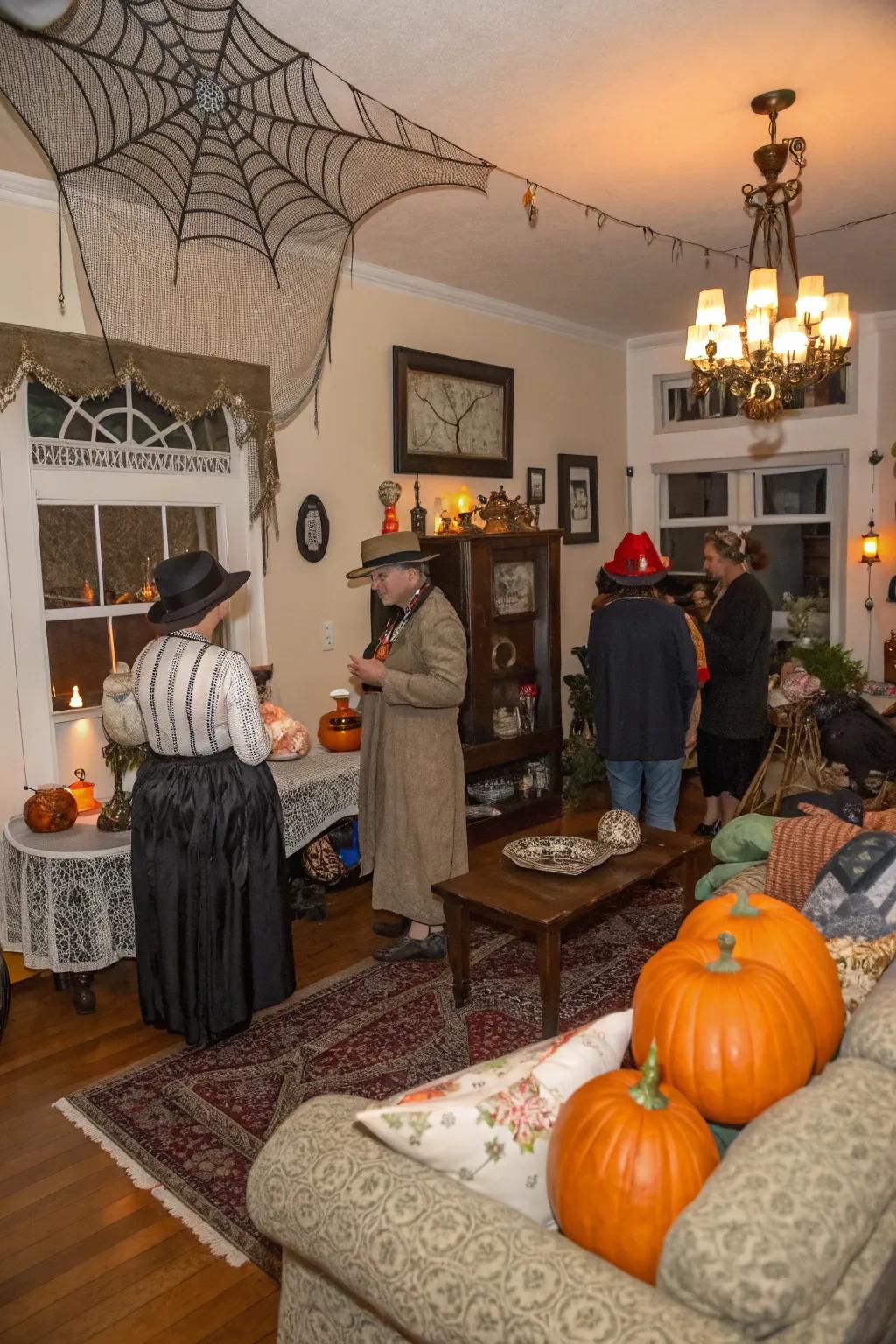 A vintage costume celebration with attendees adorned in historical attire.