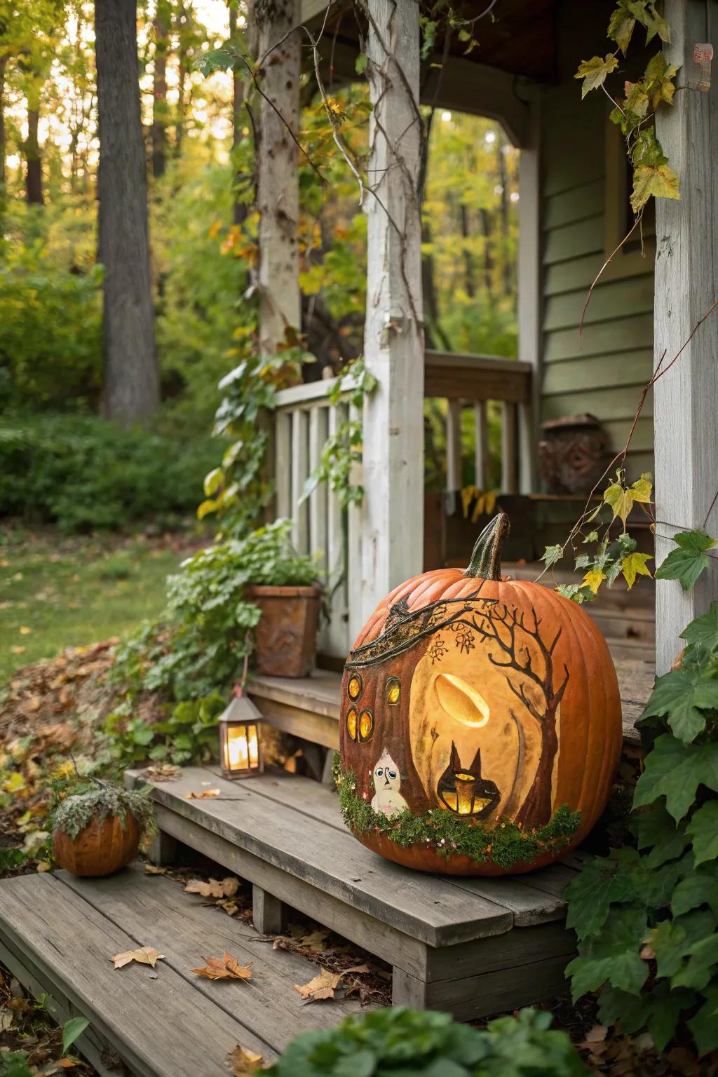 Capture the allure of anime forests with this captivating pumpkin showcase.