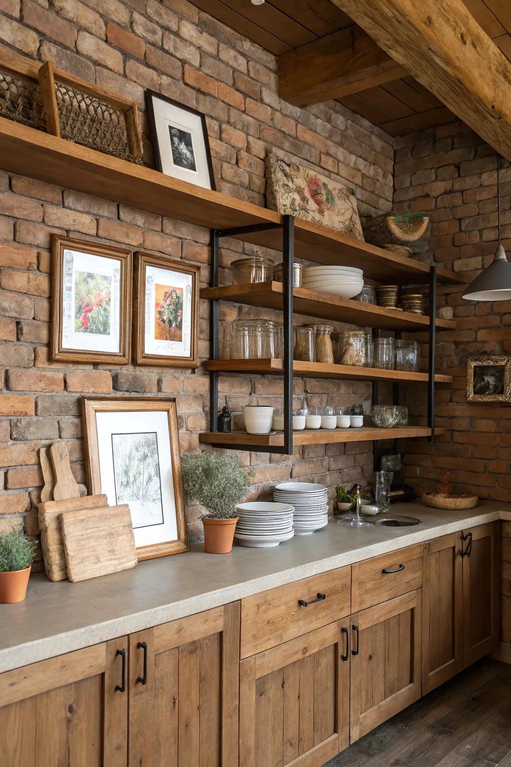 Timber accents impart warmth to cookery walls.