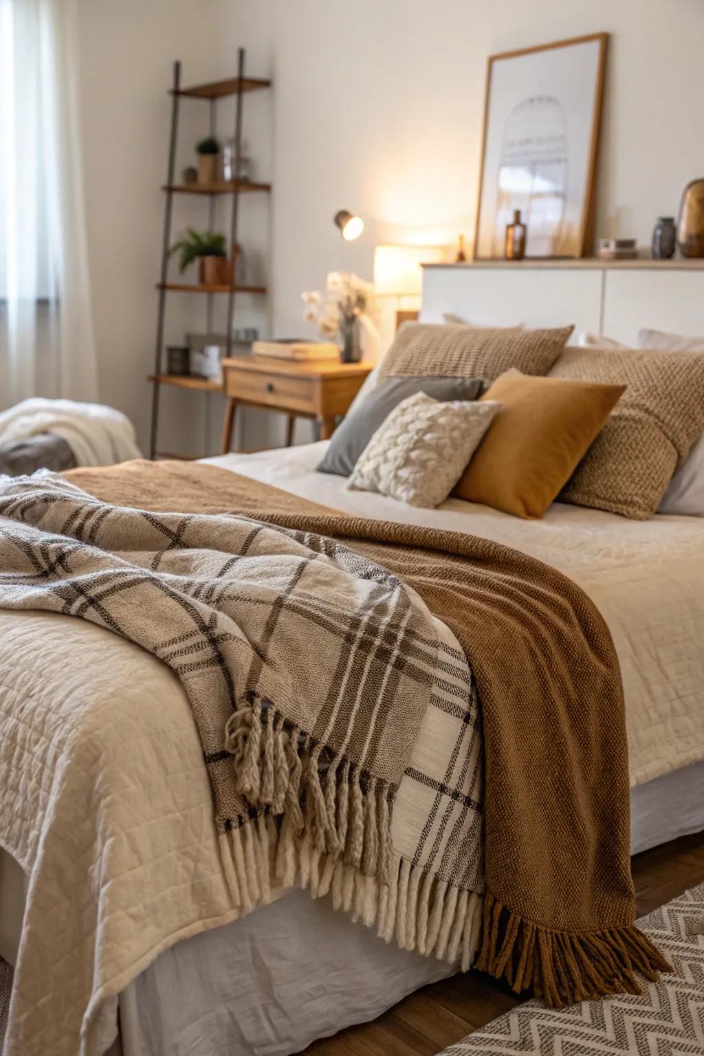 Plush throws and pillows enhance the ambiance of this welcoming apartment bedroom.