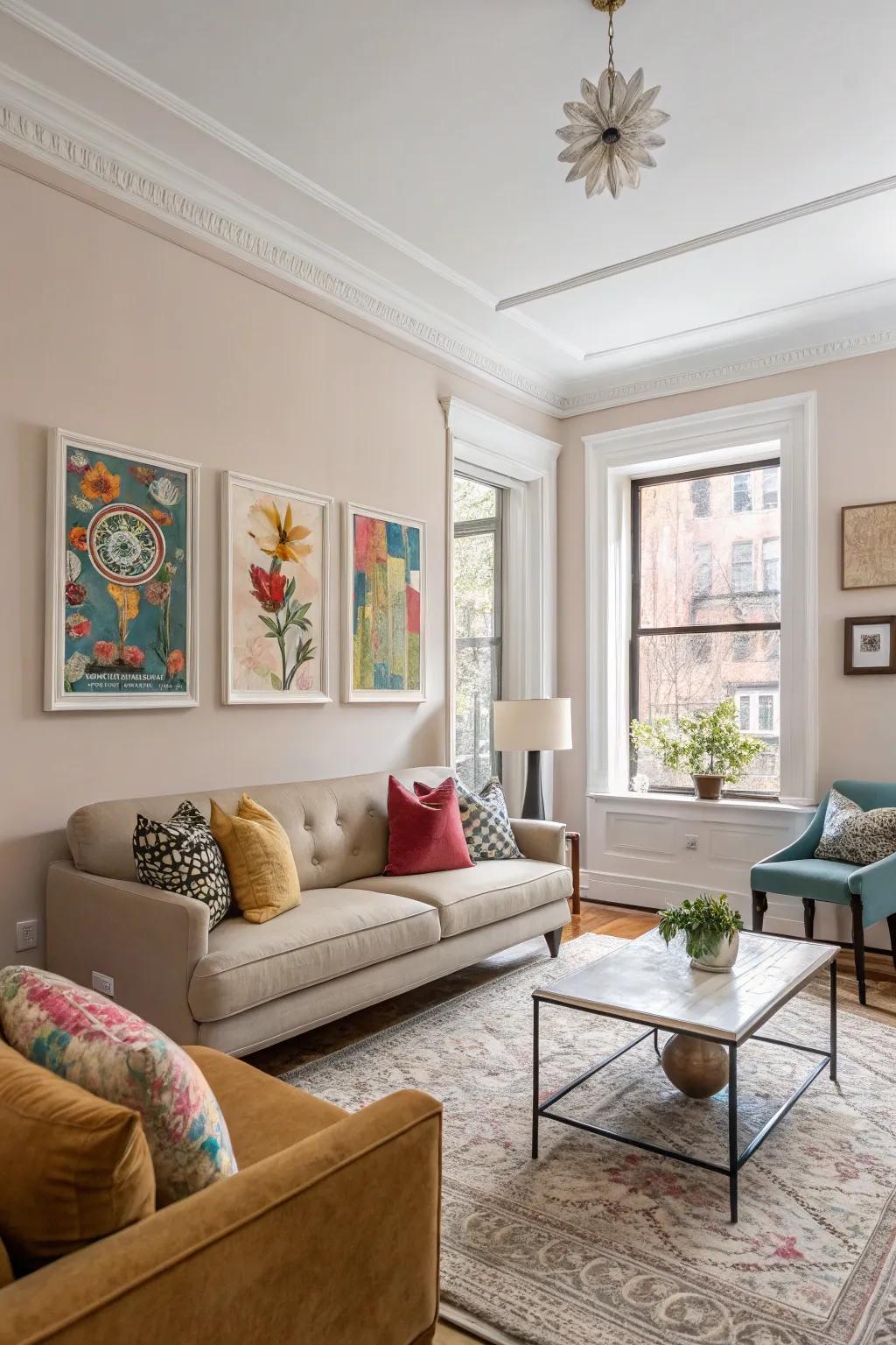 A symphony of neutral tones accented with lively touches crafts a balanced environment.