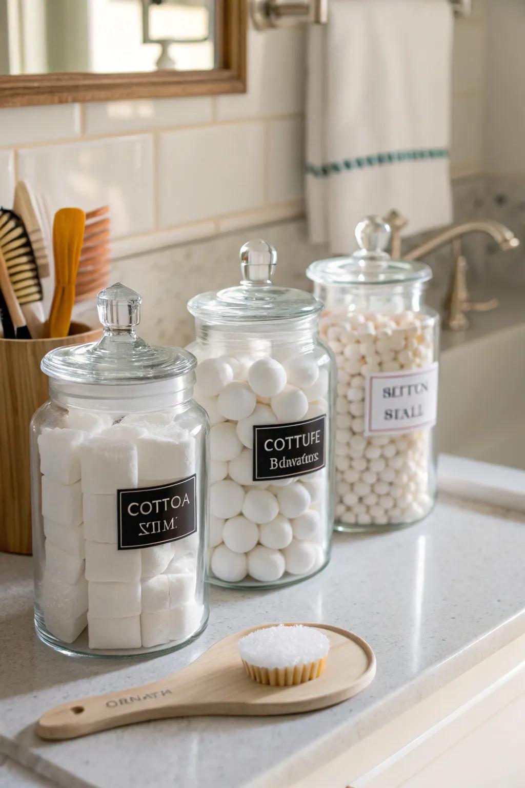 Functional and stylish bathroom storage using vintage-inspired glass jars.