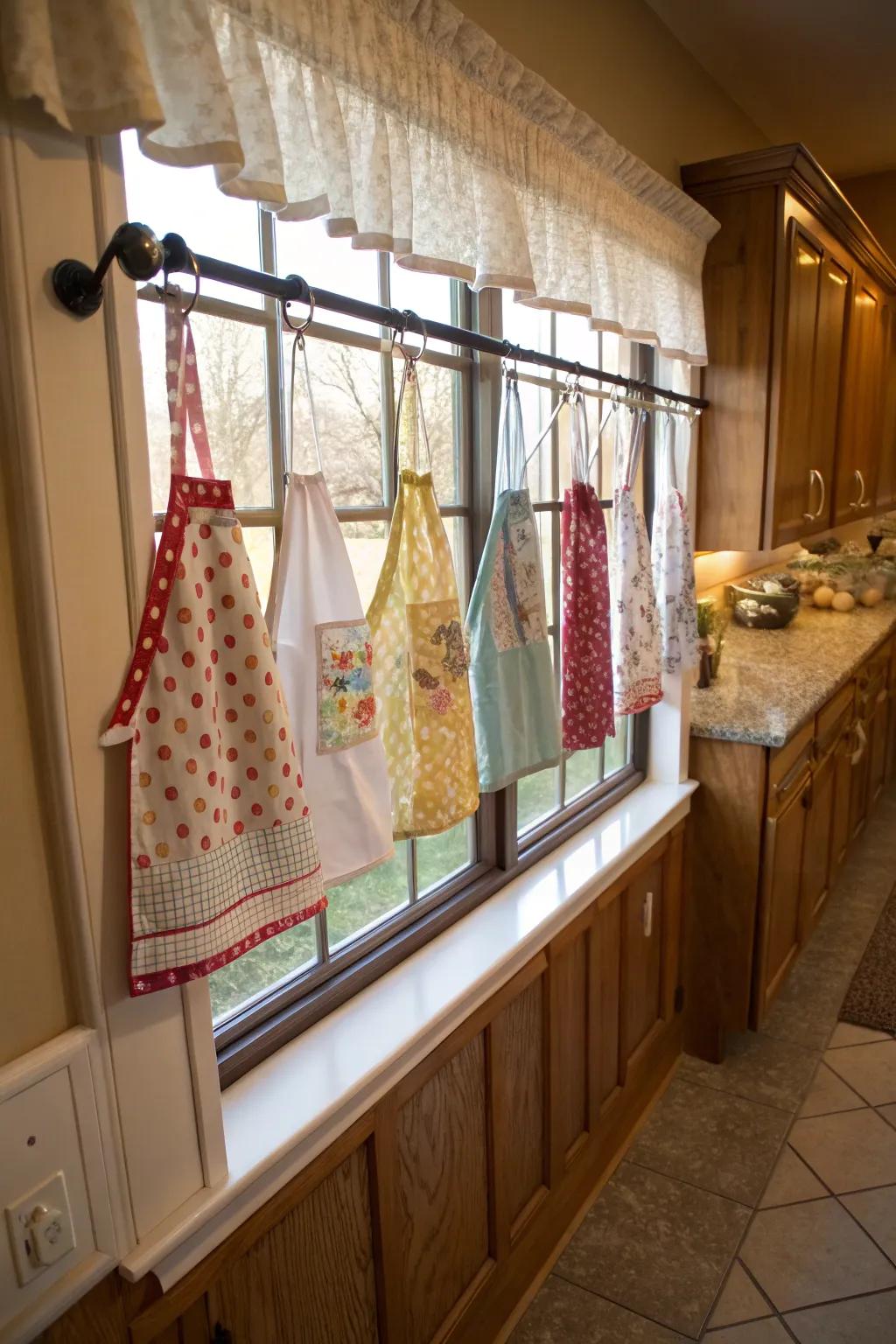 Impart a spirited element to your windows via apron decorations.