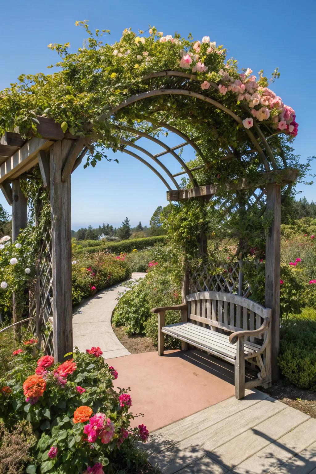 A cozy seating space nestled within a garden archway retreat.