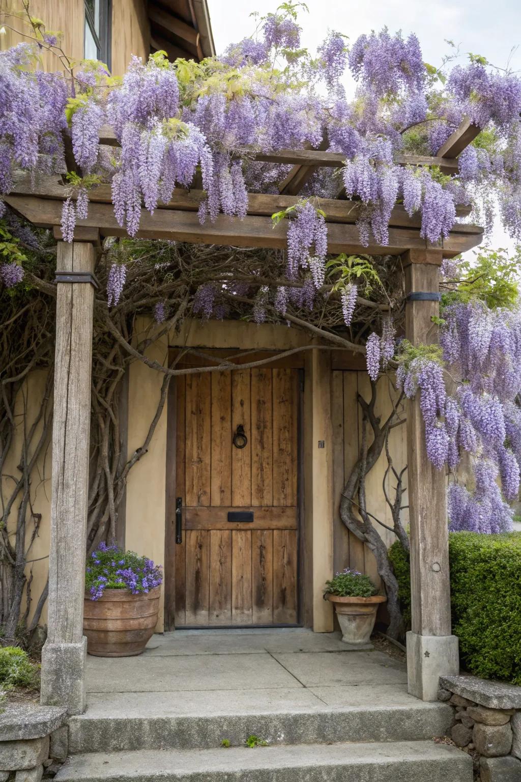 A wooden arbor topped with a flowering wisteria overhead creates an enchanting entryway.