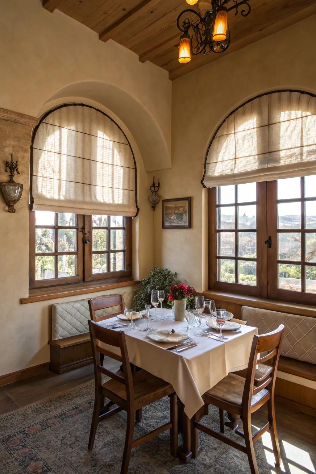 An intimate dining area graced with classic fold aesthetics on arched windows.