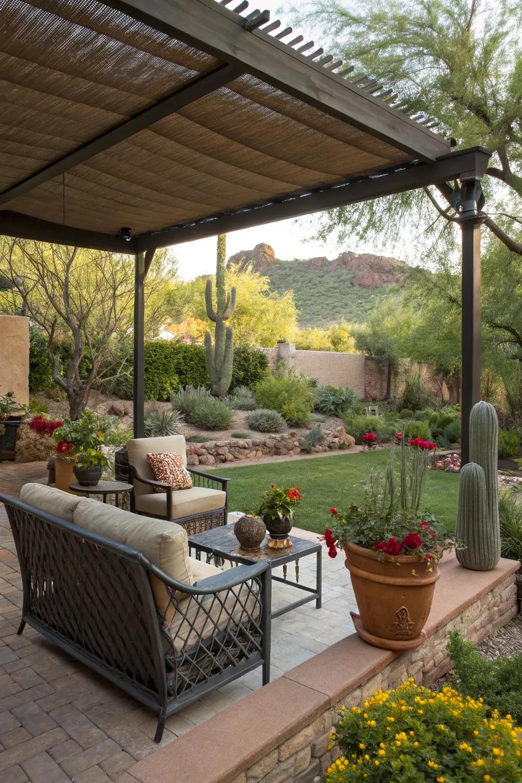 A patio supplying a comfortable outdoor area.