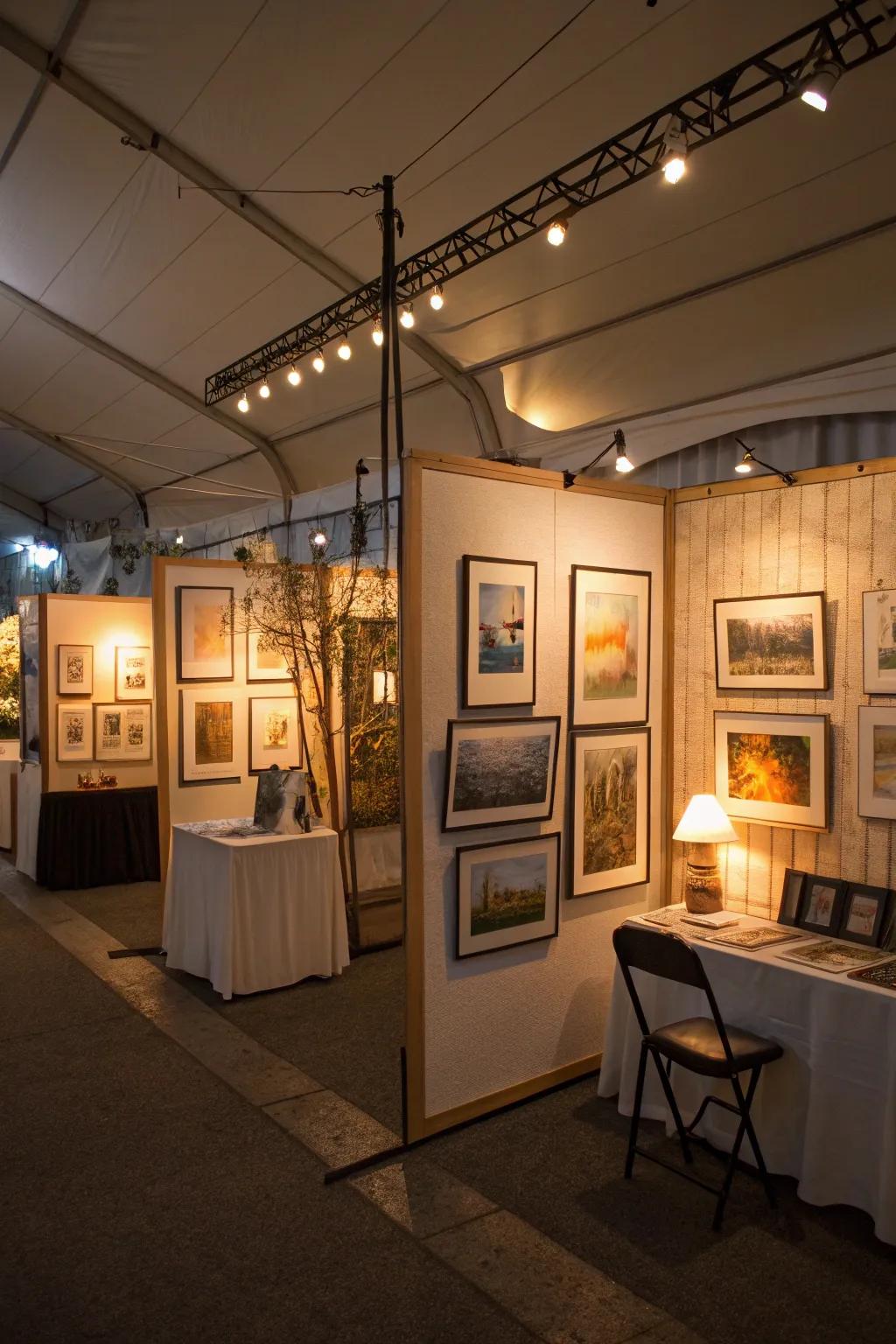 Soft lighting highlights the details and colors of the art pieces, drawing visitors into the booth.