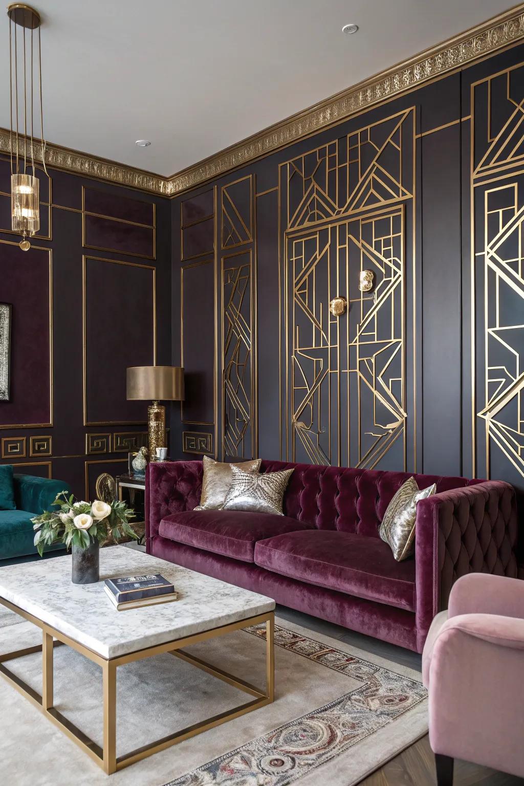 An abundant collection of colors defines the atmosphere for an opulent Art Deco haven.