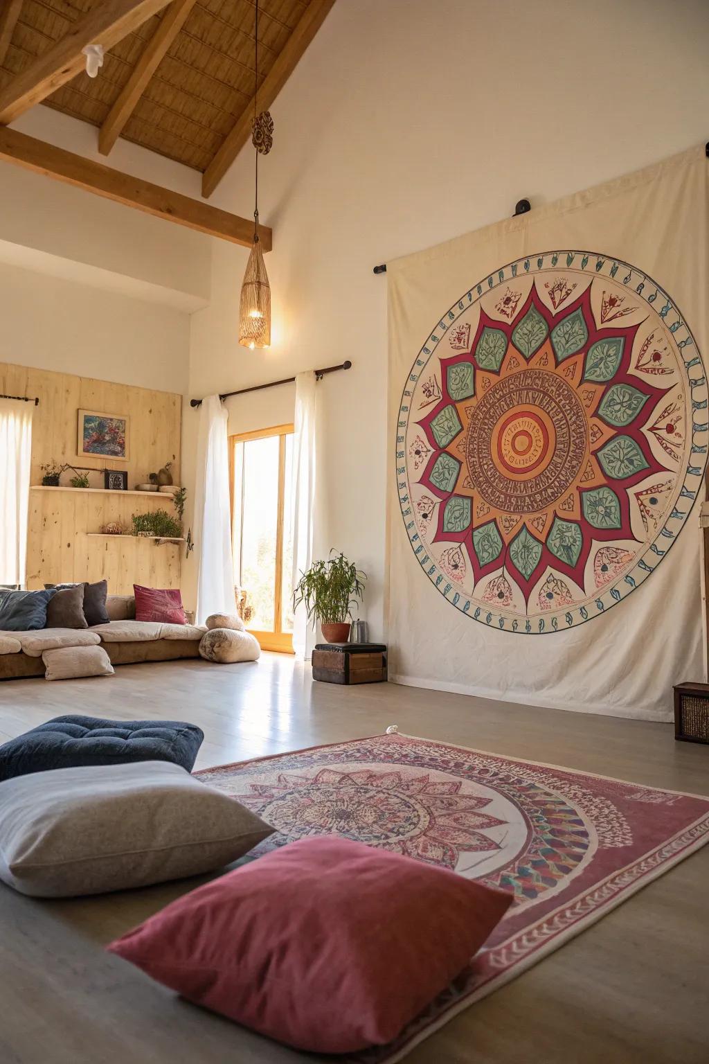 A studio decorated with a circular art piece, creating a peaceful and welcoming environment.