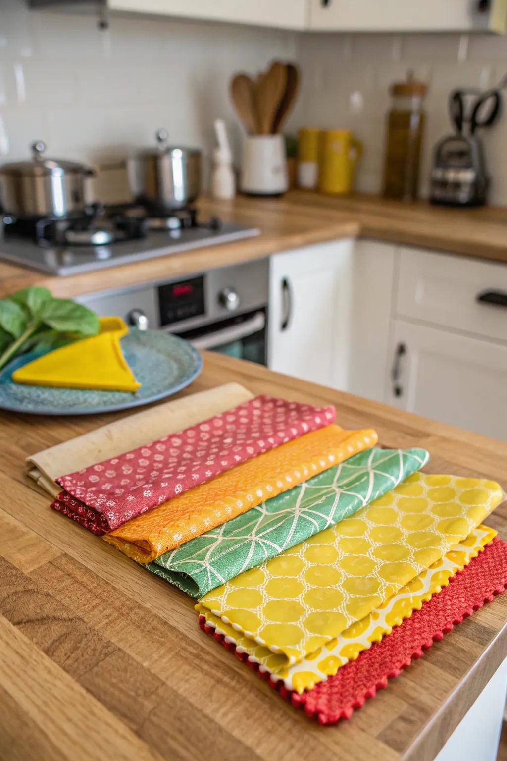 Eco-friendly waxed cloth wraps in cheerful designs, perfect for sustainable living.