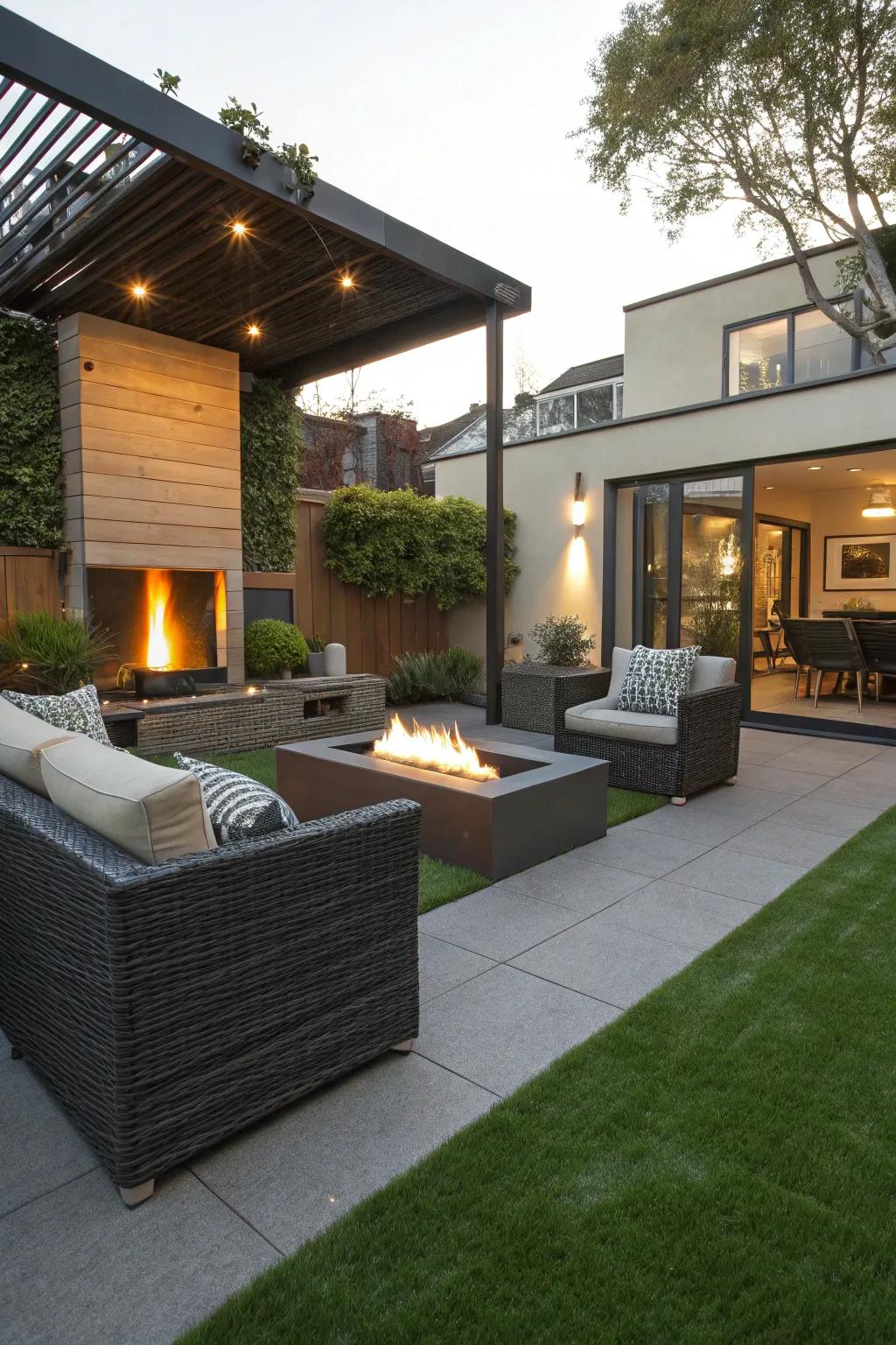 A contemporary patio flawlessly integrated with imitation turf.