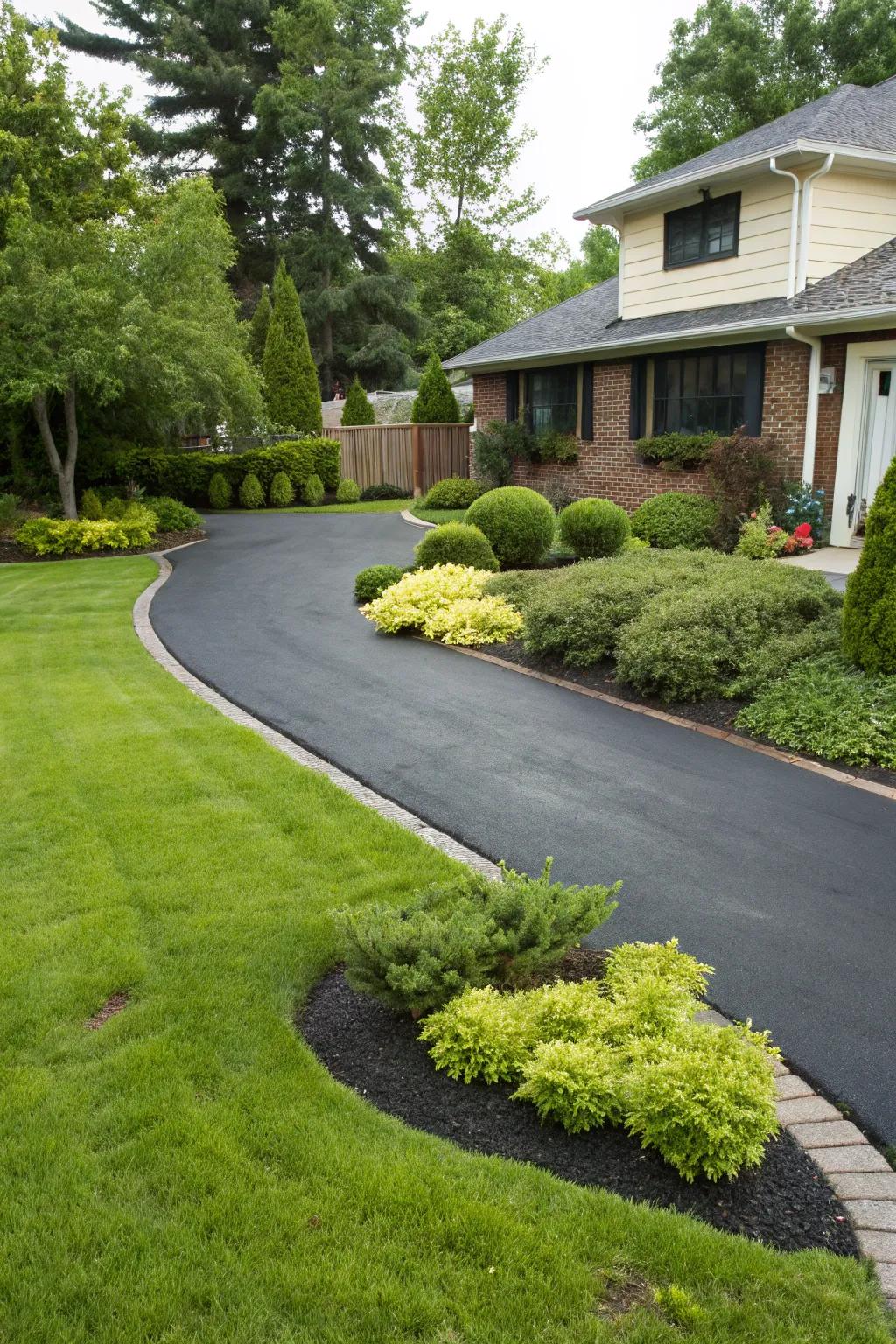 Dark paving creates a beautiful contrast with rich green landscapes.