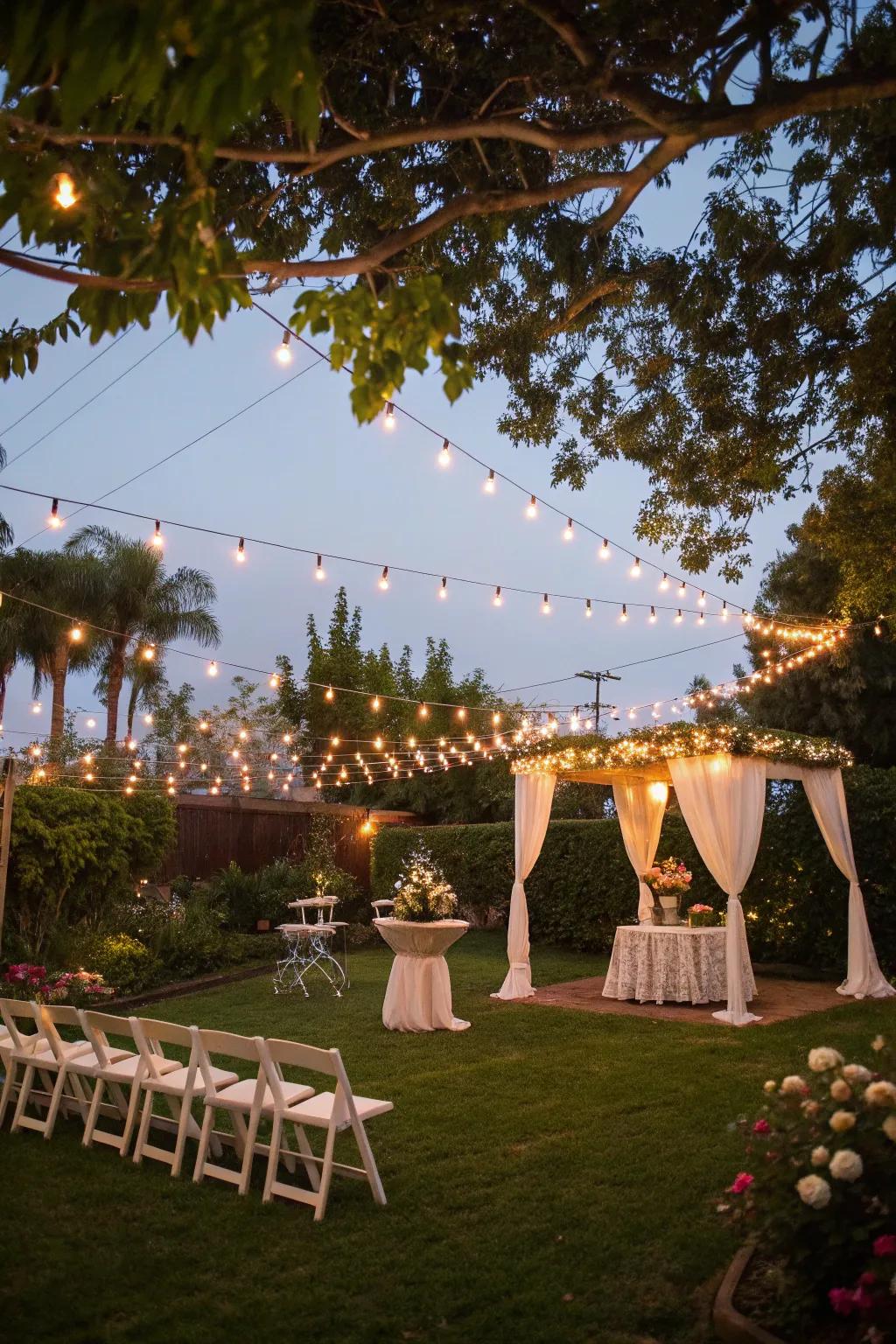Twinkle lights fashion a dreamy atmosphere for a nighttime wedding affair.