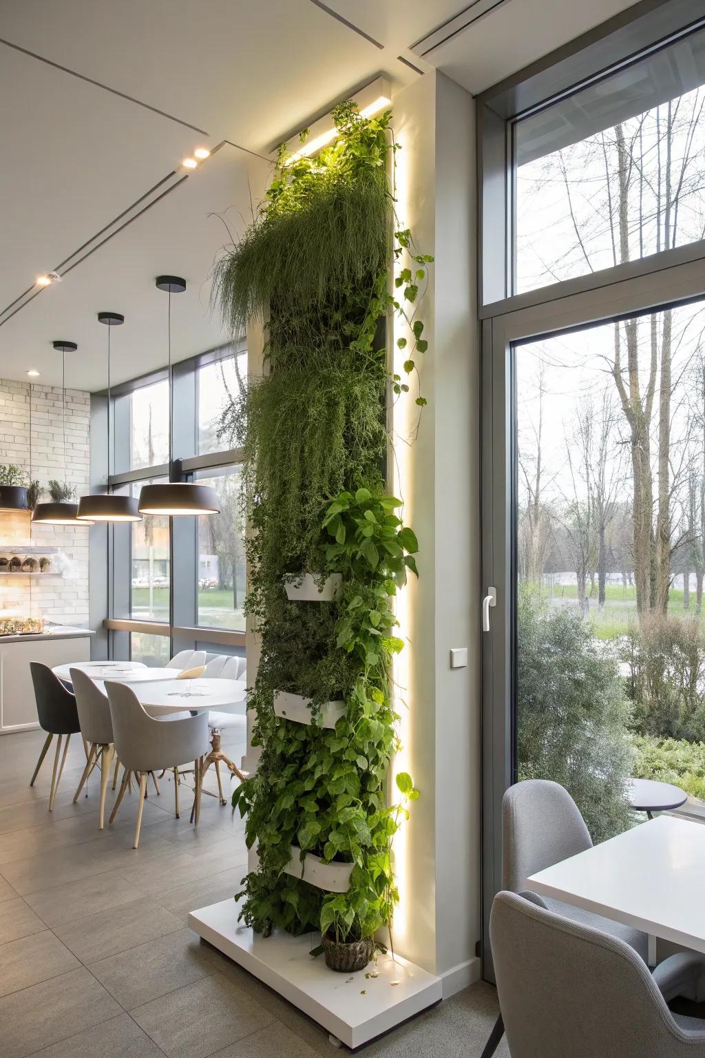 A wall-mounted plant display enhanced with gentle plant lights.