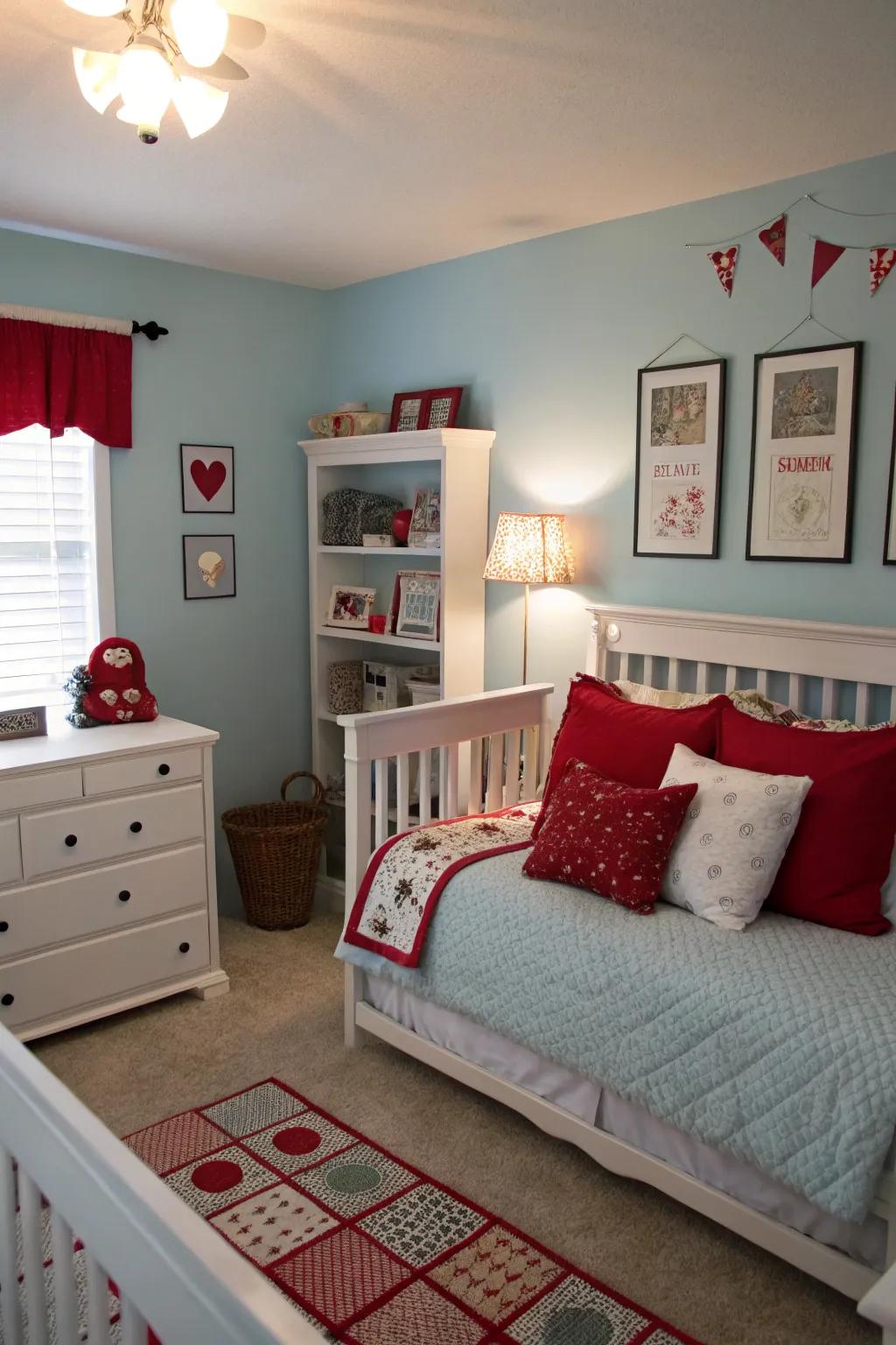 Vibrant red highlights bring a dynamic feel to a light sky blue bedroom.