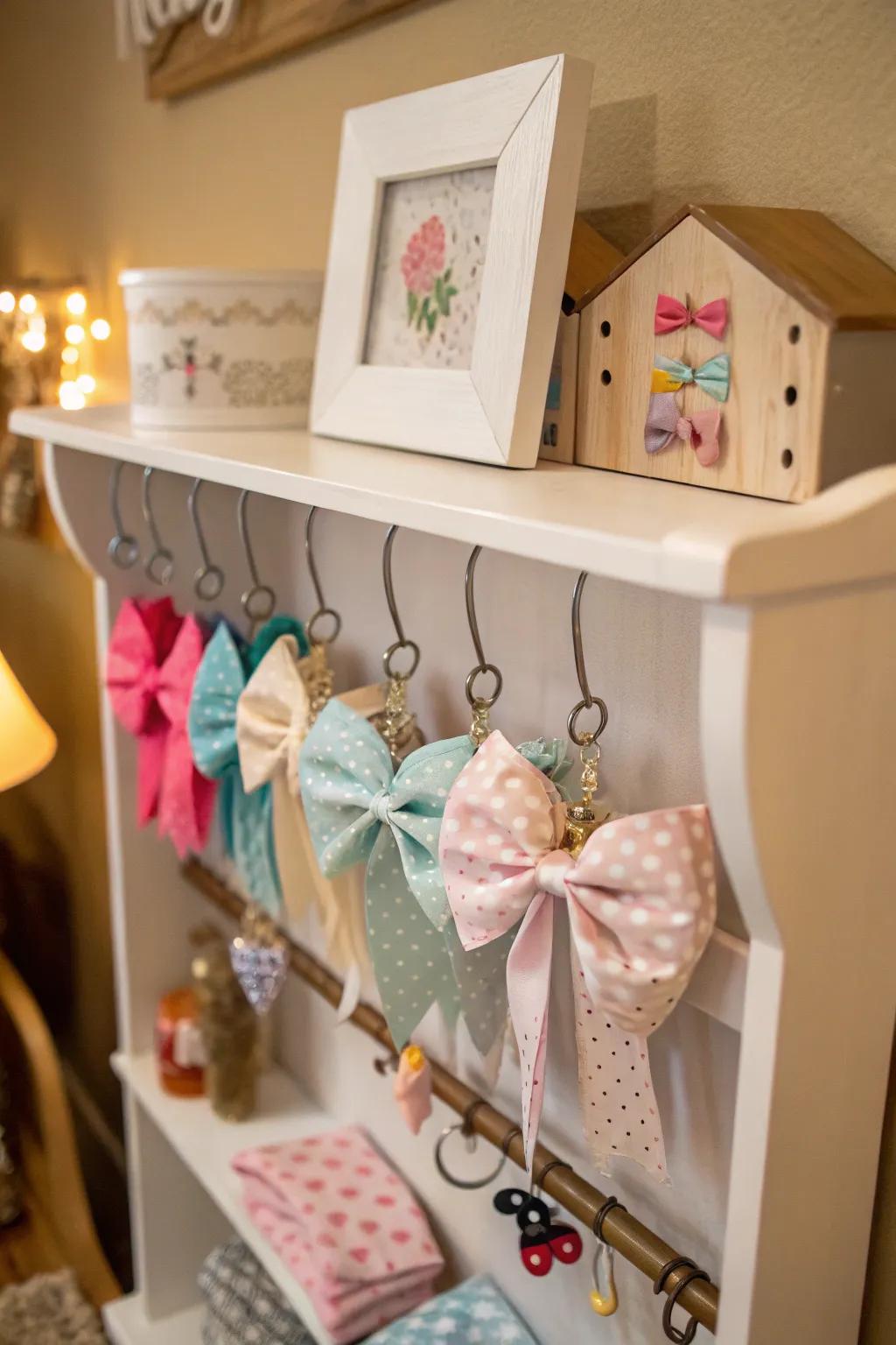 Shelving units featuring hooks blend display and storage for bows.