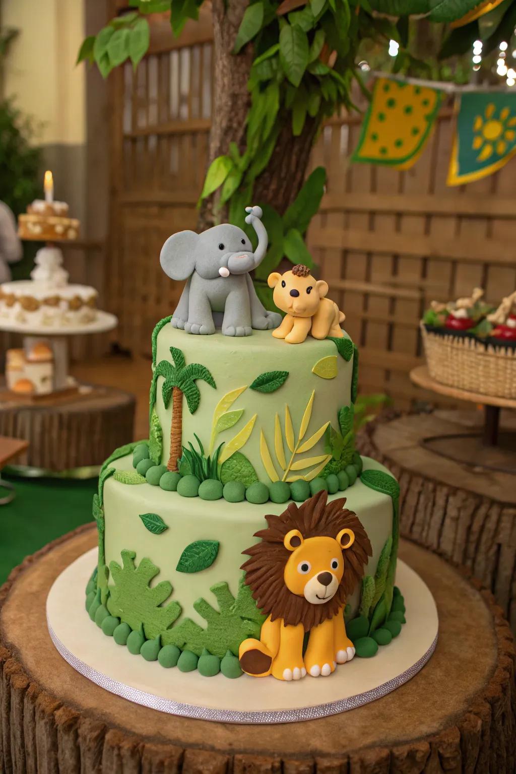 A jungle safari cake adorned with lively animal decorations.