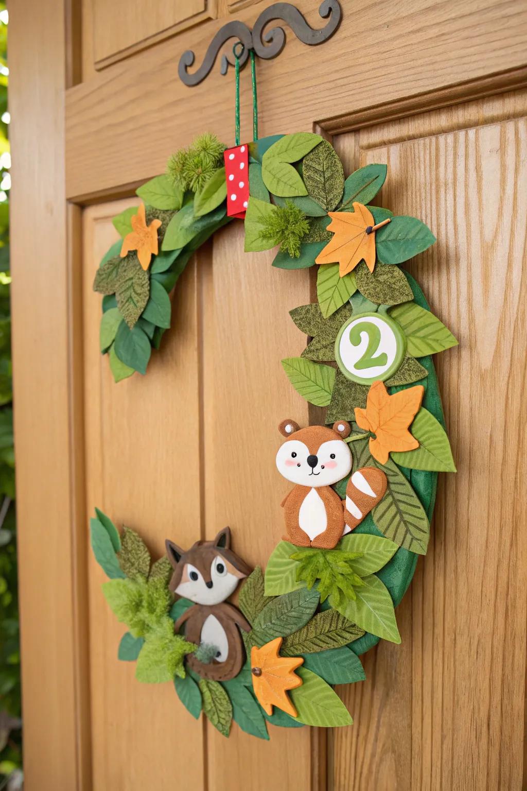 A nature-inspired door decoration with woodland elements for a baby boy's room.