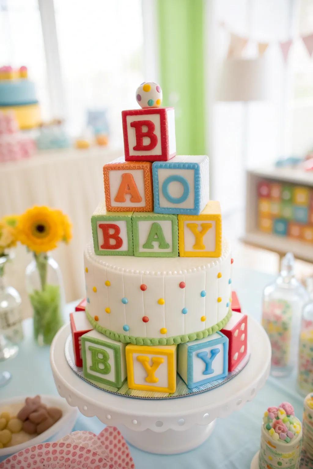 A lively cake decorated with playful building blocks, perfect for a baby boy gathering.