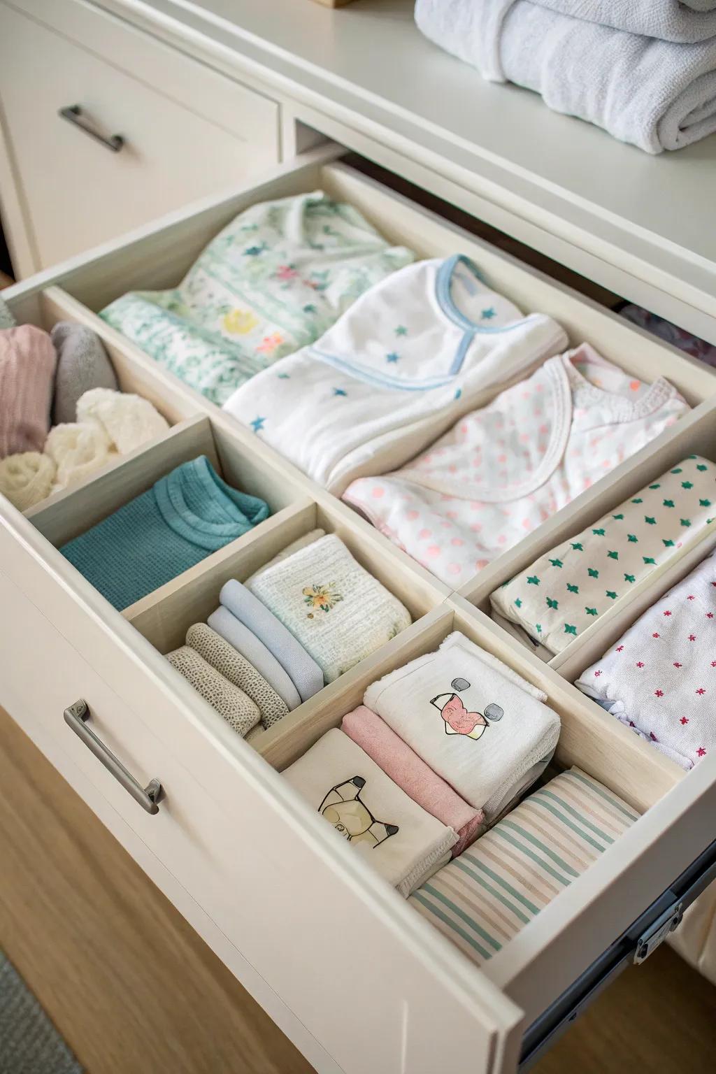 Drawer organizers ensure baby clothes are kept tidy and accessible.