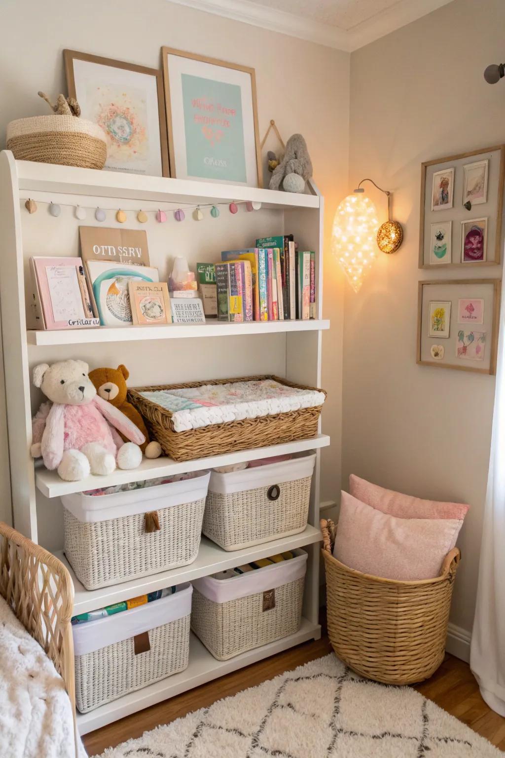 Clever storage options ensure the baby area remains organized and tidy.