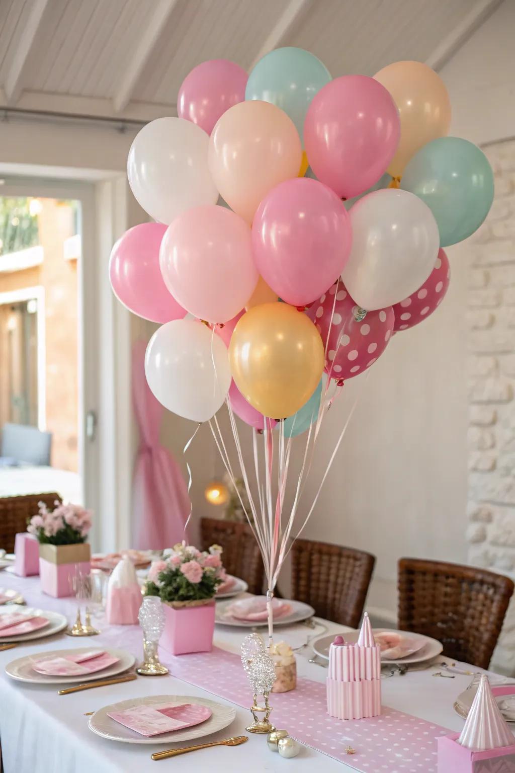 Playful clusters of balloons adding height and a sense of fun.
