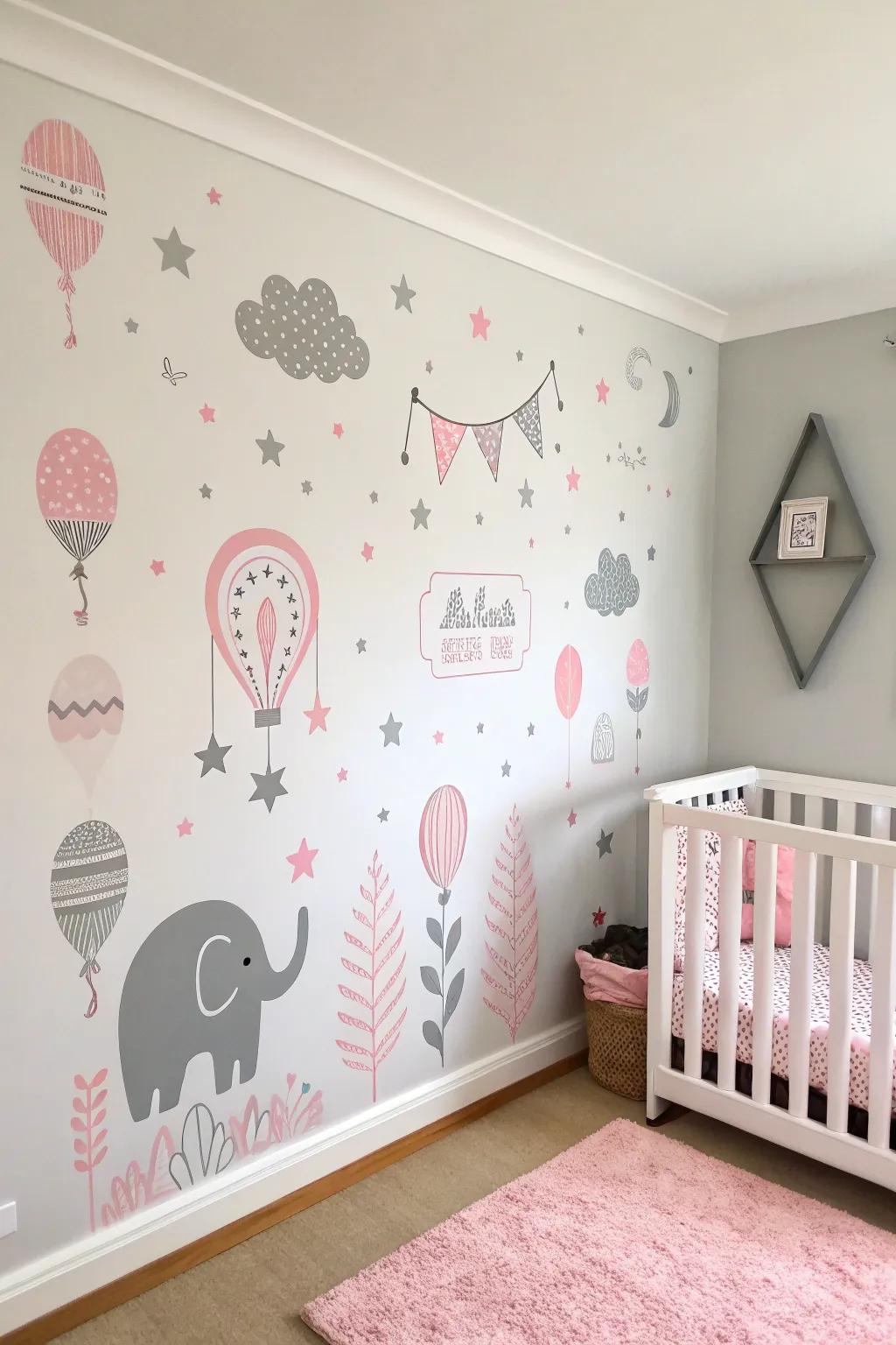 Fun decorative wall transfers add appeal to this nursery.