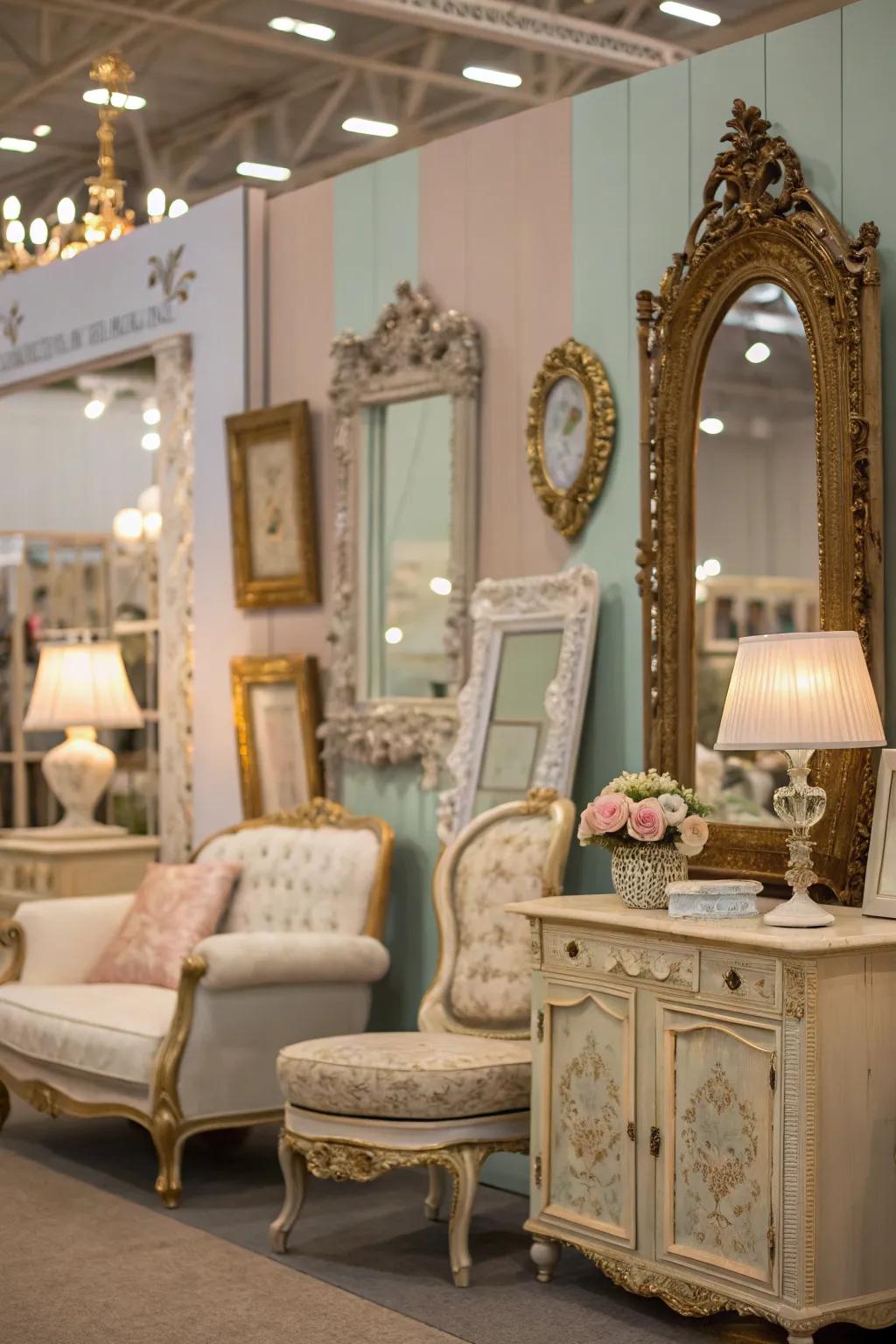 A room brimming with timeless embellishments, showcasing ornate mirrors and vintage-inspired frames.