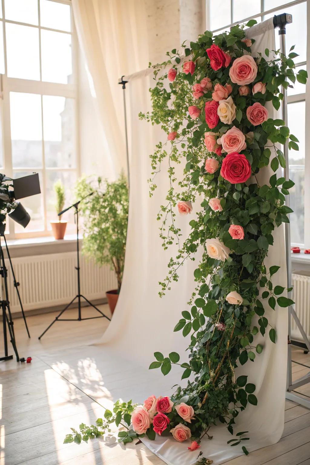 A floral wonderland backdrop composed of fresh roses intertwined with verdant foliage.