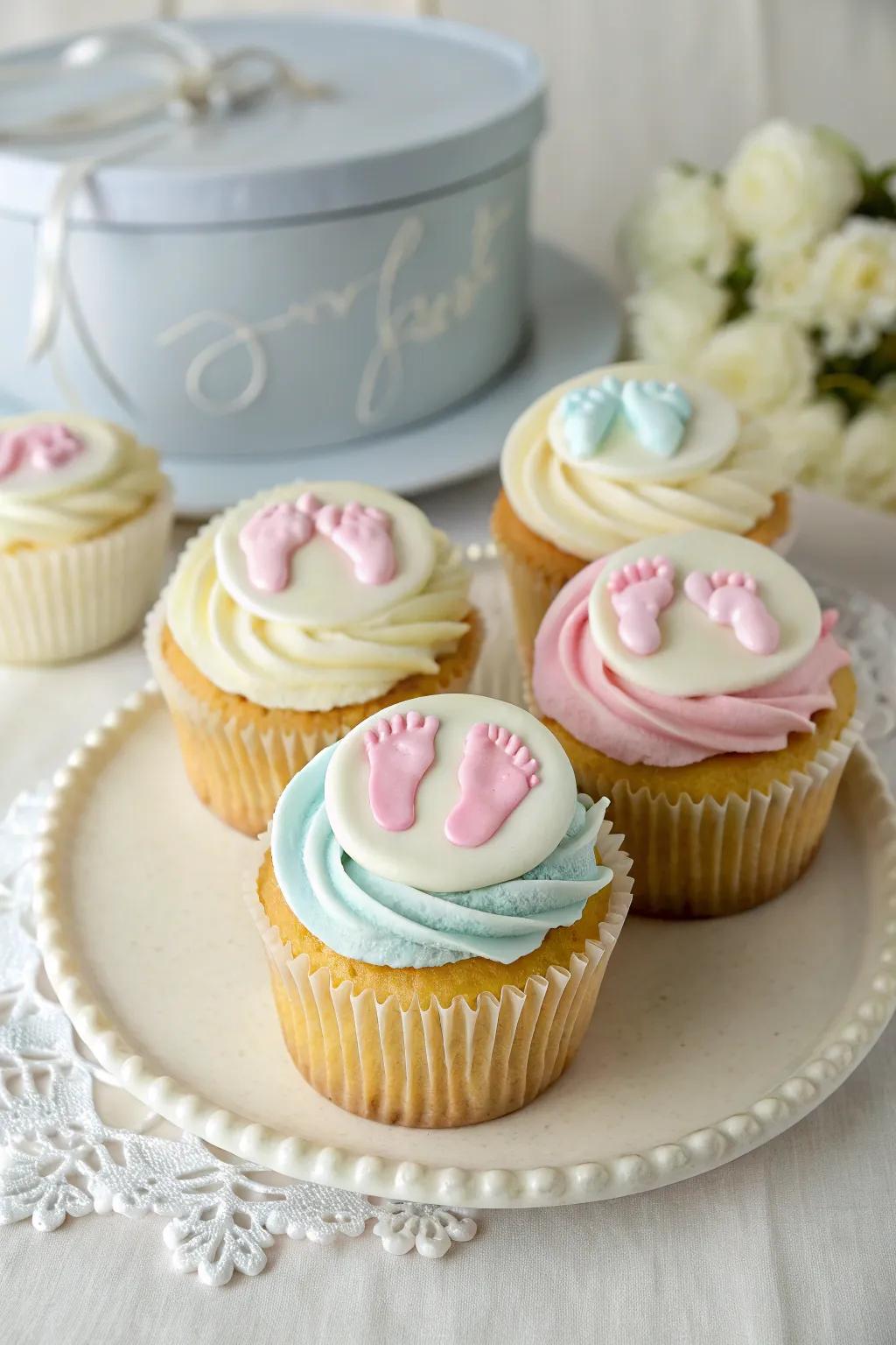 Lovely cupcakes decorated with sugary paste footprints adding a personalized touch.