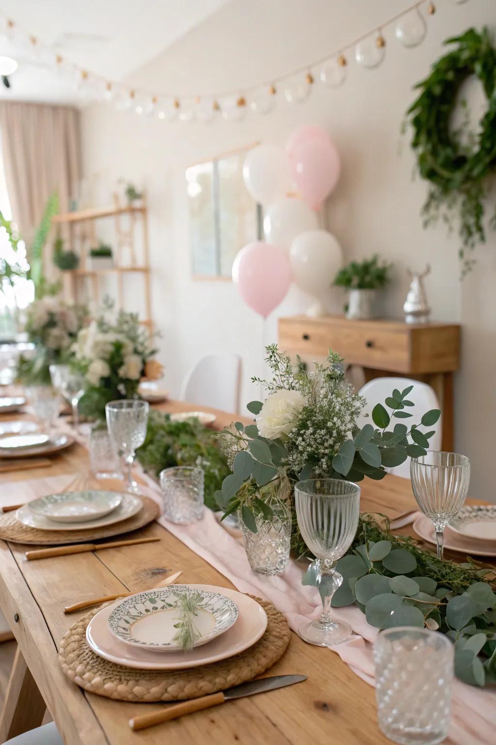 An elegantly arranged table with wooden accents and greenery centerpieces crafts an inviting atmosphere.