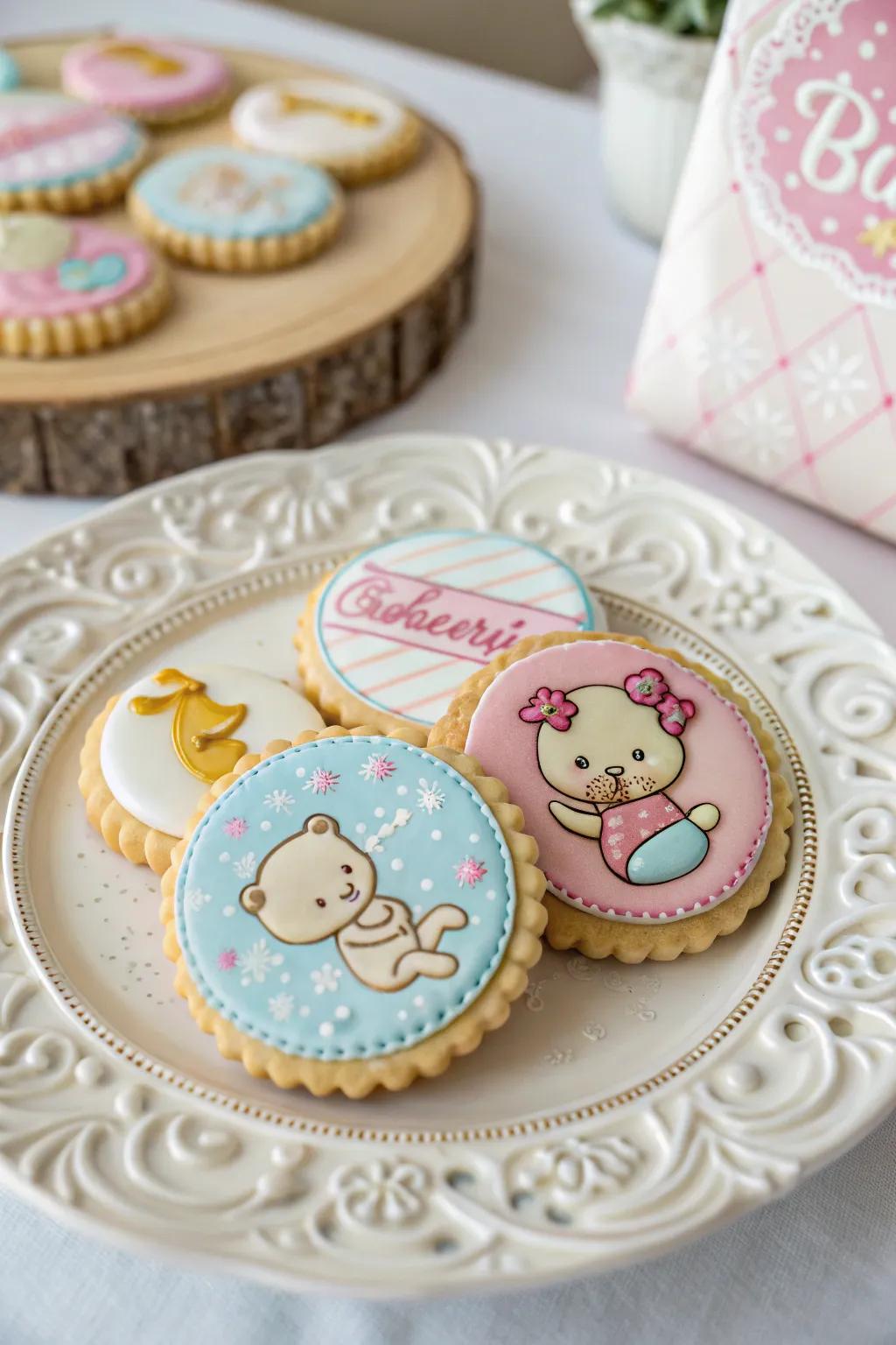 Custom cookies with intricate baby-inspired designs.