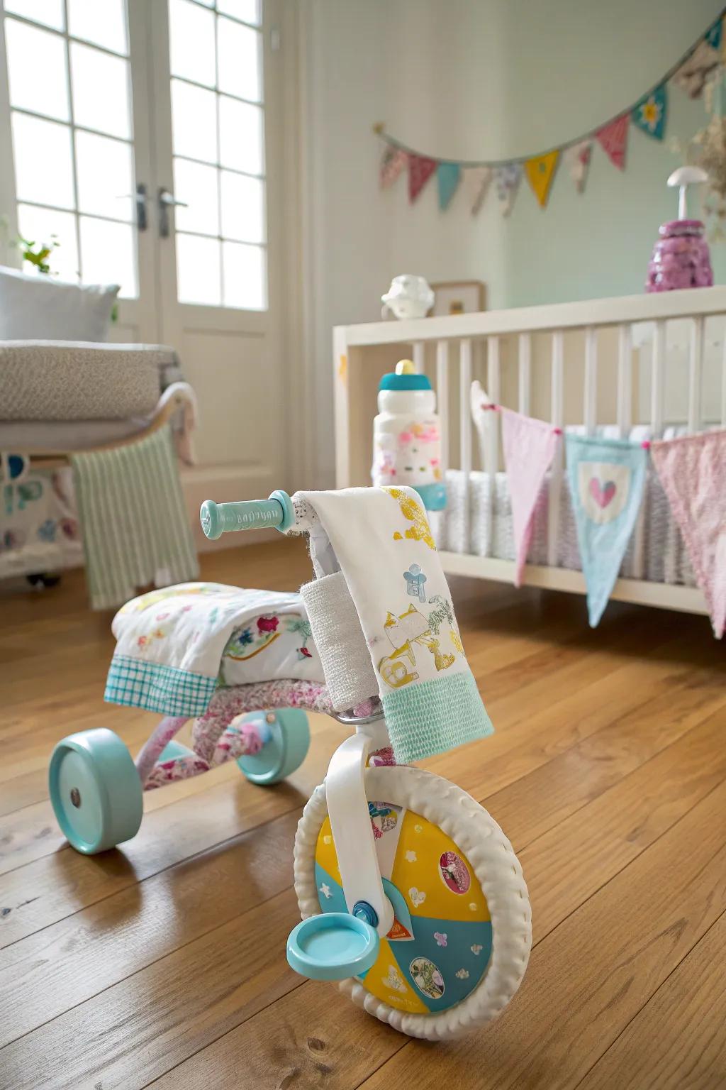 A playful diaper trike, primed to roll into a baby shower.