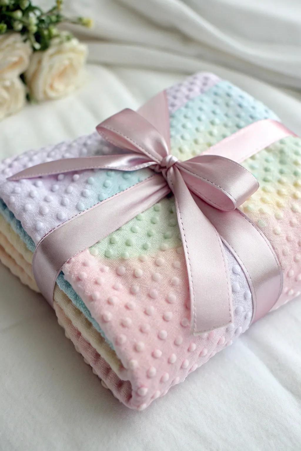 A plush baby blanket creatively utilized as a chic gift wrap, perfectly suited for a baby shower.