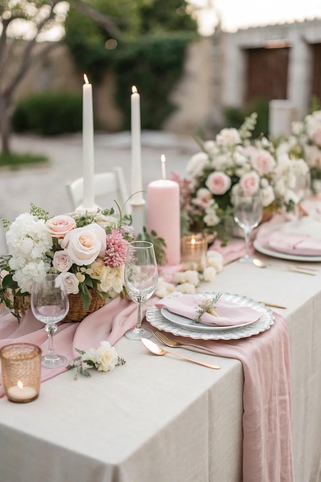 An elegant table setting with chic textiles and floral decorations.