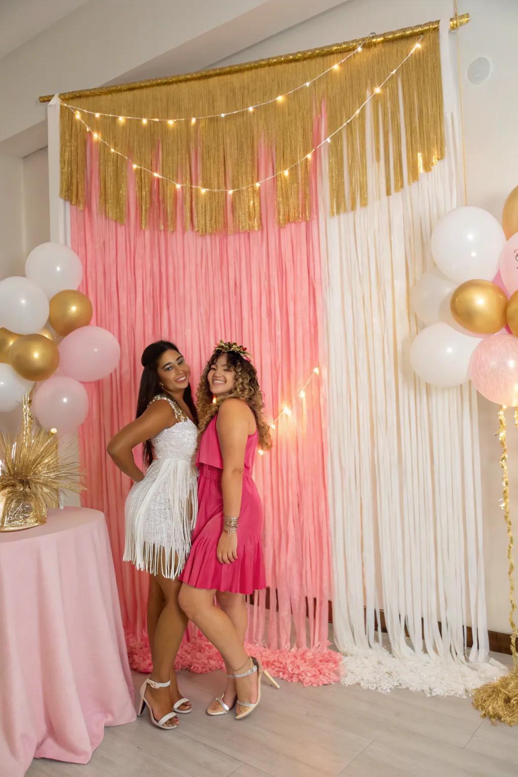 A striking tassel backdrop in rose, gold, and pearl shades.