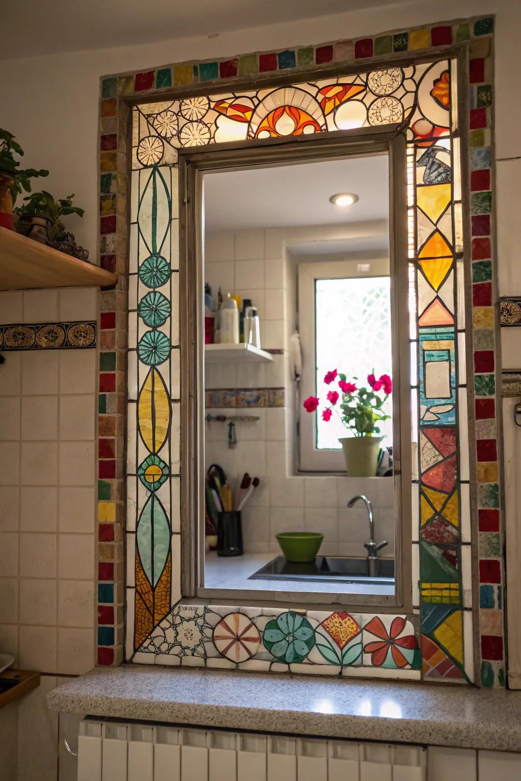 Lively mosaic tiles introducing artistic beauty around a kitchen window.