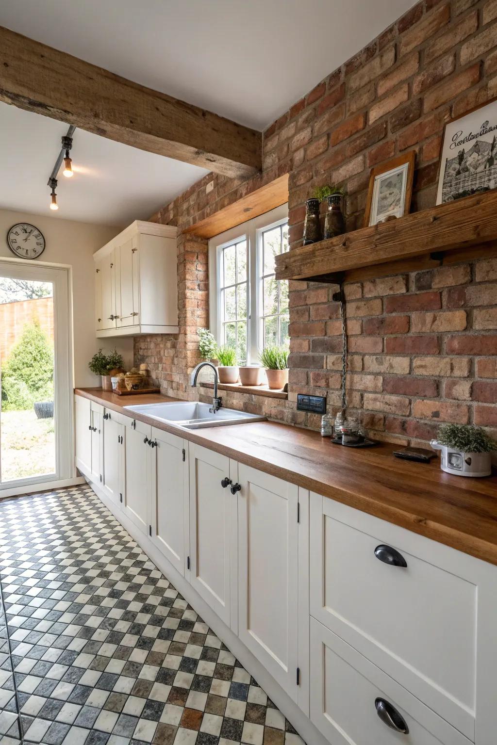 Brick backsplashes bestow warmth and charm upon a white kitchen.