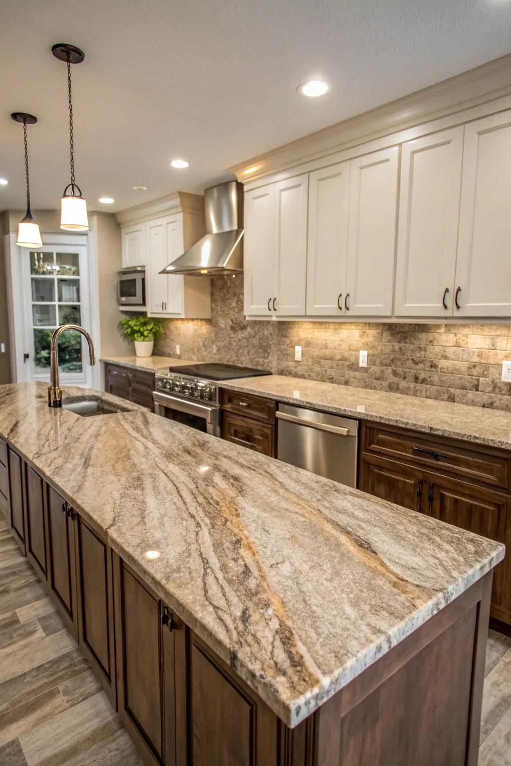 A continuous granite backsplash creates a harmonious design.