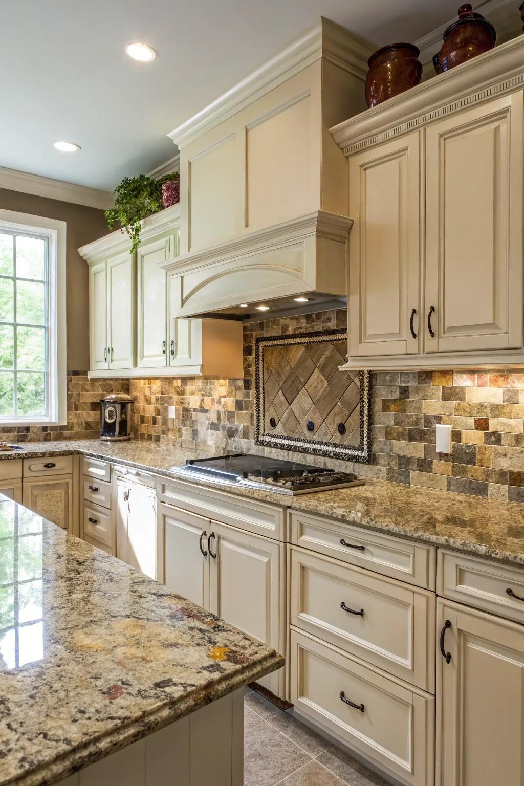 Backsplash and granite worktops have flawless color coordination.