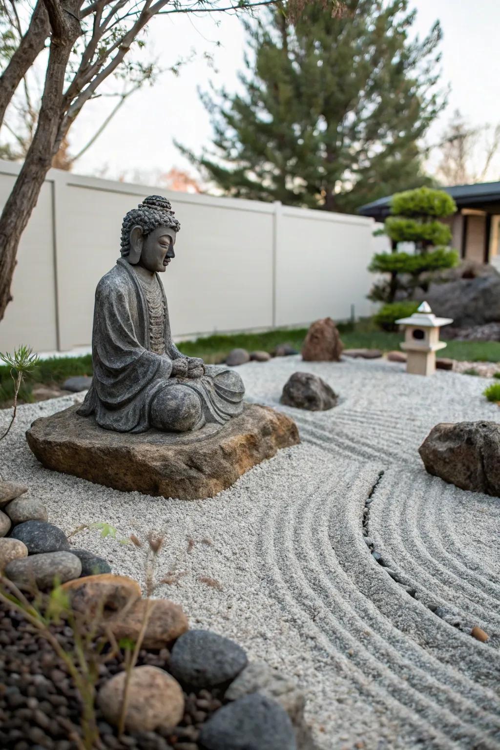 A contemplative stone garden offers peace with minimal upkeep.